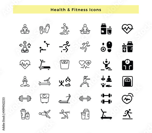 Health & fitness icon set on white background, vector, outline, fill, silhouette, Gym and health care icons