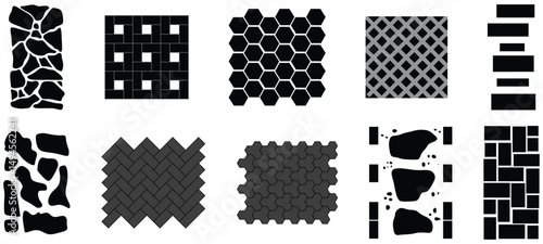 Tile for street pavement or park sidewalk. Road pattern street. Set of top view vector street pavements or park sidewalk road pattern street tile. Floor tiles with rock, brick and cobble stone texture