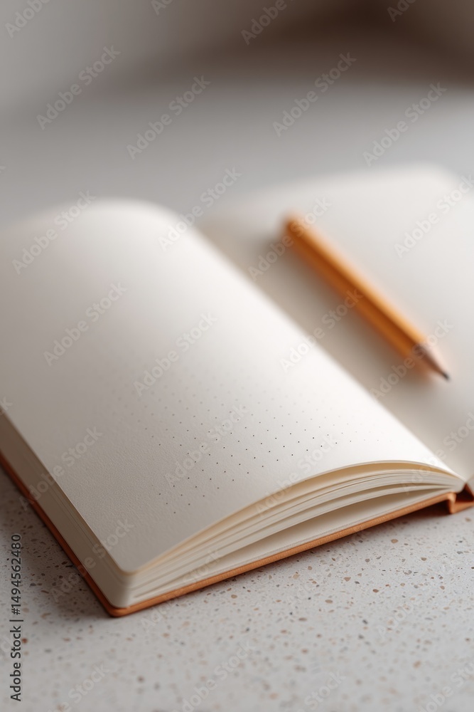 Fototapeta premium blank page lays open inviting creative thoughts accompanied by simple pencil against muted backdrop