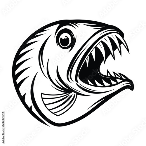 Monochrome Aggressive Fish with Sharp Teeth and Open Mouth in Outline Style