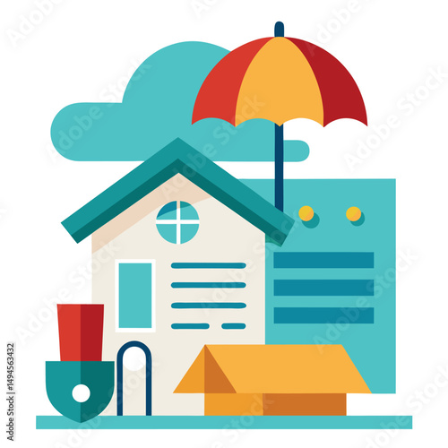 House property insurance, house and insurance document under umbrella vector illustration.