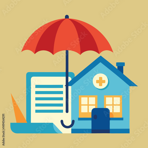House property insurance, house and insurance document under umbrella vector illustration.