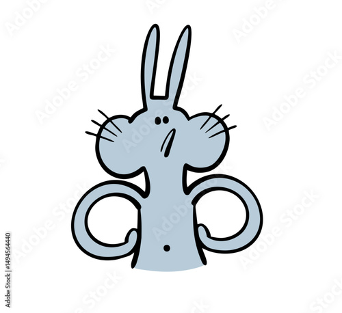 Dissatisfied cartoon rabbit puts  hands on hips and looks at   interlocutor. Vector cartoon illustration,  impudent representative of forest fauna,   with long ears and thick cheeks.