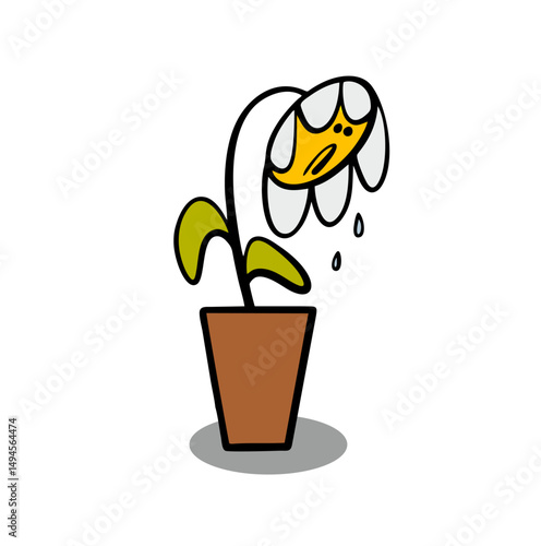 Funny sad flower has lowered its head, bent its stem, and is dying of thirst. Vector illustration cartoon cartoon, a plant in a ceramic pot crying and sad.