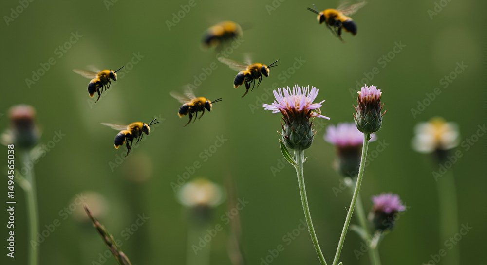 Bees pollinating flowers in a natural meadow environment with soft background bokeh Bees pollinating flowers in a natural meadow environment with soft background bokeh