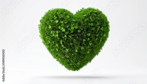 Floating Green Moss Heart – Eco-Friendly 3D Render of Nature-Inspired Love Symbol on White Background