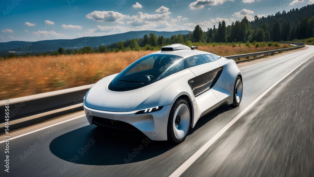 Fototapeta premium A sleek white electric car cruises along a scenic highway, showcasing future automotive design.