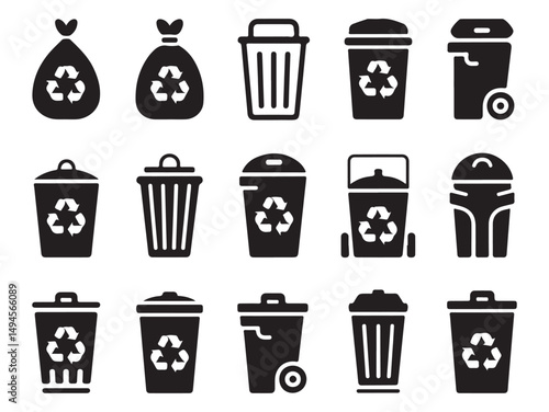 Trash and Recycling Bins Icons Set, Featuring Waste Management Symbols