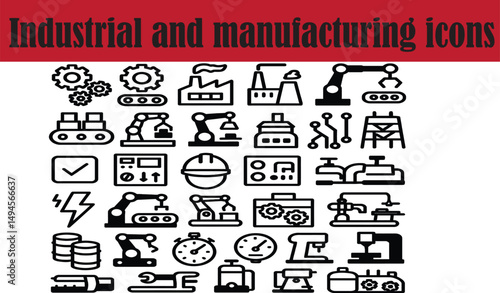 Modern Manufacturing Symbols – Robotics, CNC Machines, 3D Printing, Smart Factory, IoT, AI, Assembly Line, Quality Control