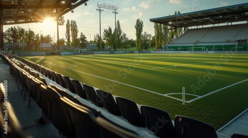 The sun sets brilliantly over the empty green soccer field and stadium seating creating dramatic shadows in anticipation of an exciting upcoming match this evening.