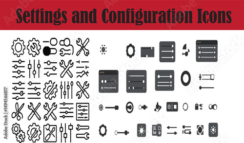 Modern Black and White Settings Icons – Gear, Slider, Toggle Switch, Configuration, Customization, Control Panel, UI Design