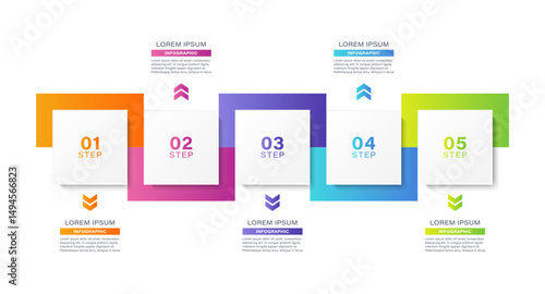 Infographic template with square elements. Five steps or processes. Step by step, instructions or report