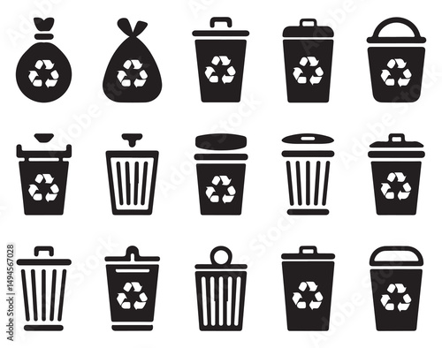Trash and Recycling Bins Icons Set, Featuring Waste Management Symbols