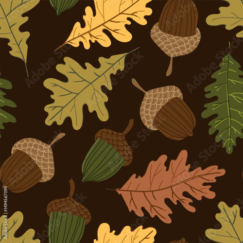 oak leaves and acorns colorful autumn seamless pattern. Forest fall botanical texture tor textile