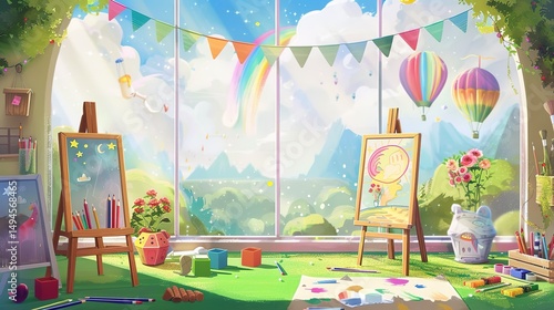 This is a lively art studio. Paintings on easels, art supplies strewn about. Outside the window, a scenic view with a rainbow, hot - air balloon and mountains.