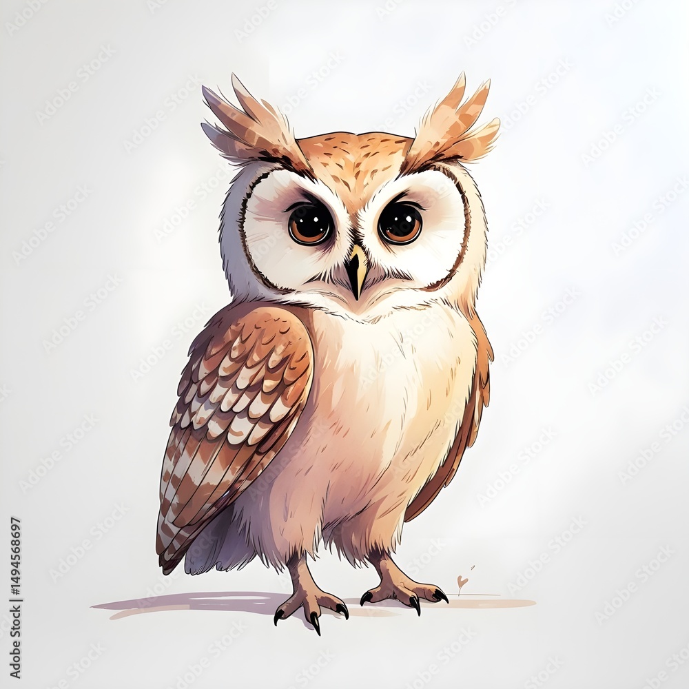 Obraz premium Cartoon owl perched, isolated on white canvas.