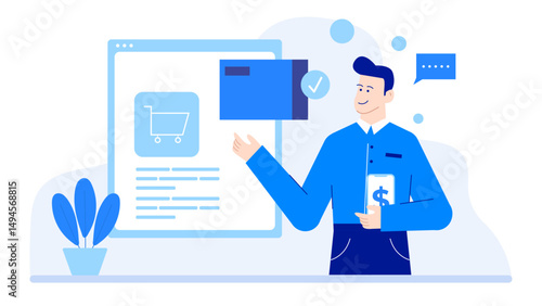 Man shopping online with a cart, suitable for ecommerce websites, online retail businesses, shopping apps, and digital marketing materials.