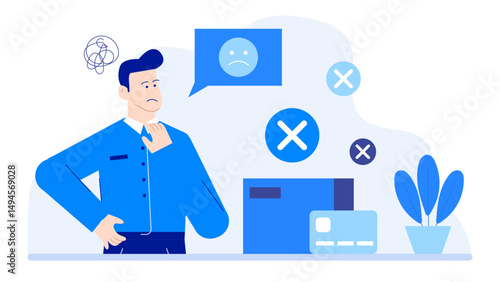 Man confused by credit card rejection, suitable for banking, finance, payment, and customer service concepts in digital or print media.