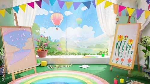 This is a lively art studio. Paintings on easels, art supplies strewn about. Outside the window, a scenic view with a rainbow, hot - air balloon and mountains.