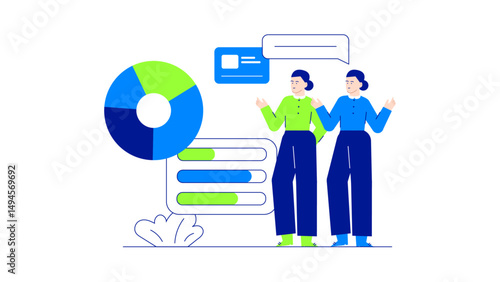 Two women analyzing data informs, discussing business strategies, planning projects, or presenting findings in a professional setting or teamwork concept.