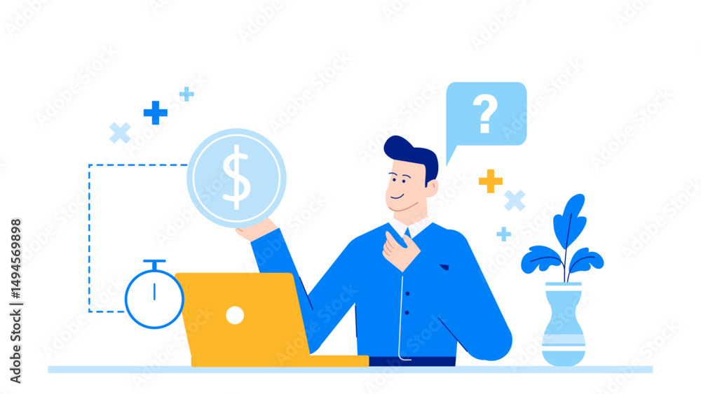 Man with a laptop holding a dollar sign, ideal for financial blogs, business presentations, technology websites, and online marketing materials. Man with a laptop holding a dollar sign, ideal for financial blogs, business presentations, technology websites, and online marketing materials.