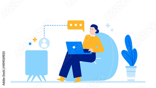 Woman comfortably uses a laptop in a beanbag chair at home. Suitable for technology, telecommuting, work from home concepts.
