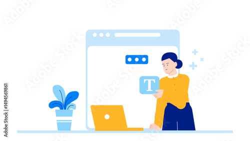 Woman holding text symbol in front of laptop, perfect for business or technology concepts, communication or virtual work environments.