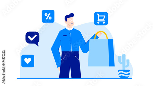 Man holding shopping bag with cactus. Suitable for retail, shopping, desert themes, lifestyle concepts, sustainable shopping, ecofriendly practices.