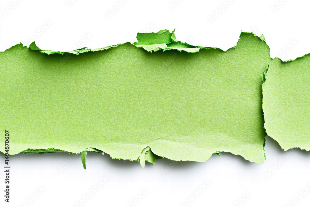 Fototapeta premium Ripped Paper Reveal: A detailed close-up reveals a pristine, bright green background through a tear in white paper, symbolizing a moment of unveiling or discovery.