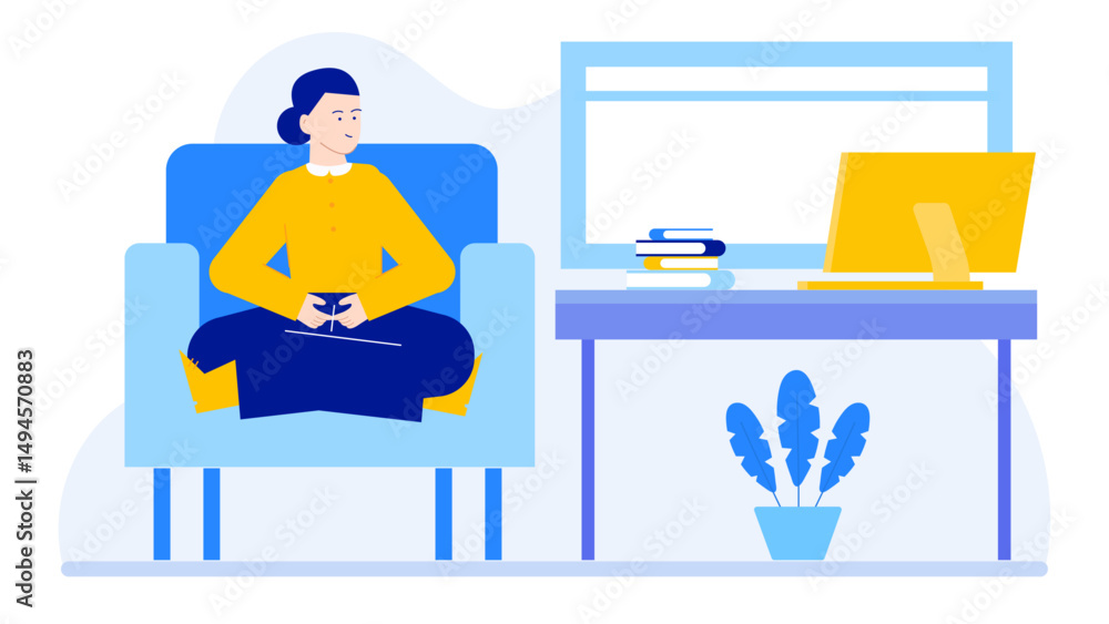 Person in armchair with desk and plant. Suitable for office, home, lifestyle, relaxation, workspace, interior design, calm, and remote work themes. Person in armchair with desk and plant. Suitable for office, home, lifestyle, relaxation, workspace, interior design, calm, and remote work themes.