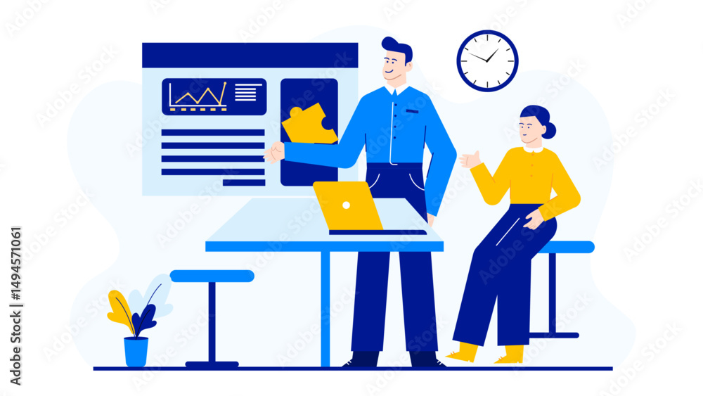 Two people discussing work at a desk with a laptop, suitable for business communications, teamwork, office discussions, workplace dynamics. Two people discussing work at a desk with a laptop, suitable for business communications, teamwork, office discussions, workplace dynamics.