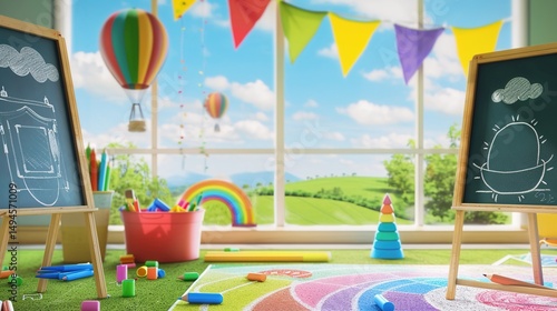 This is a lively art studio. Paintings on easels, art supplies strewn about. Outside the window, a scenic view with a rainbow, hot - air balloon and mountains.