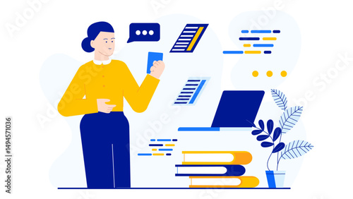 Woman multitasking with phone, laptop, and books. Ideal for technology, education, work from home, and study concept visualizations.