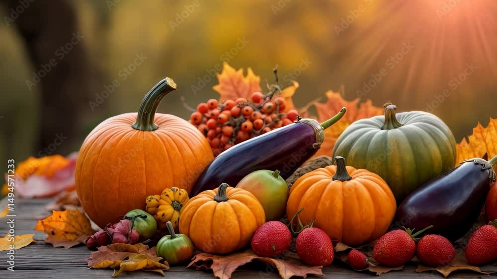 Harvest display of pumpkins and vegetables under autumn sunlight in a rustic setting Harvest display of pumpkins and vegetables under autumn sunlight in a rustic setting