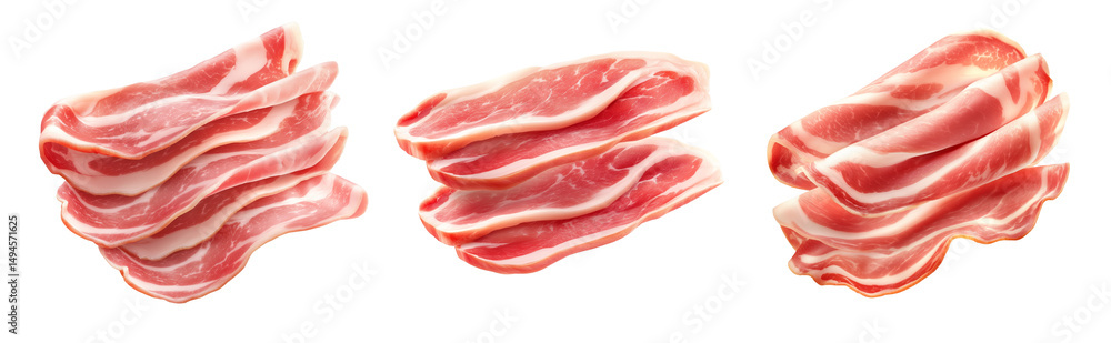 Set of Slices of raw bacon Pancetta with fat marbling, neatly stacked, isolated on white transparent background. Concept of cooking and food preparation Set of Slices of raw bacon Pancetta with fat marbling, neatly stacked, isolated on white transparent background. Concept of cooking and food preparation