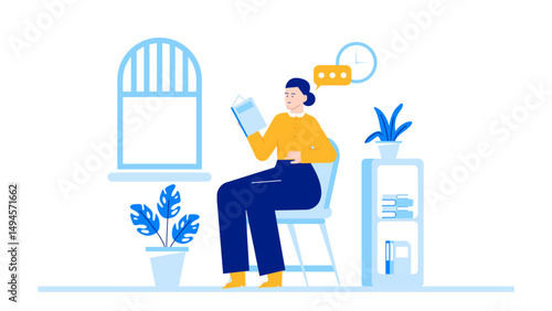 Woman in chair reading by window, perfect for cozy reading nook, book lover blog, home decor website, relaxing lifestyle content.