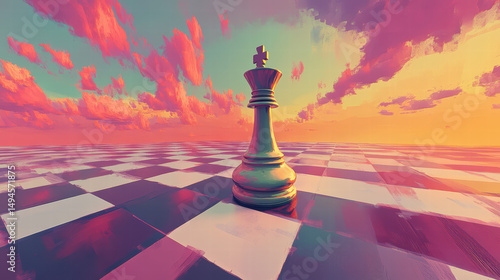 Chess King on a Checkered Canvas: A lone chess king, its majestic form silhouetted against a surreal backdrop of a checkered canvas under a vibrant sunset sky, symbolizing strategy, power.