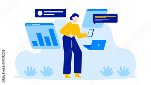 Woman multitasking with phone and laptop, analyzing data. Perfect for technology, communications, work from home, and data analysis concepts.