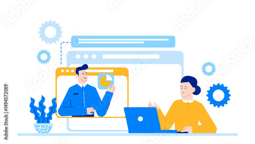 Woman video chatting on laptop with man, suitable for relationship, communication, technology, remote work, social distancing, online meeting concepts.