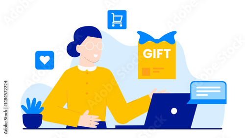 Woman in glasses shopping online, using laptop to purchase gift. Suitable for eCommerce, online shopping, technology, gifting concepts.