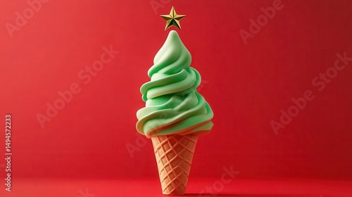 Festive Green Ice Cream Cone Shaped Like a Christmas Tree