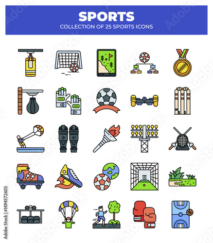 Collection of 25 Sport Icons.  Athletic Games. Equipment. and Activities