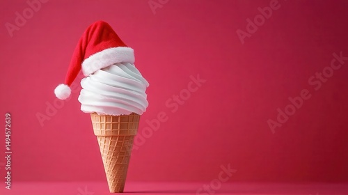 Festive Ice Cream Cone with Santa Hat on Red Background