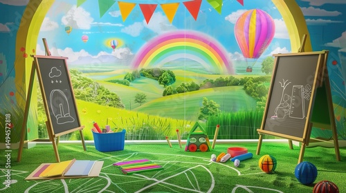 This is a lively art studio. Paintings on easels, art supplies strewn about. Outside the window, a scenic view with a rainbow, hot - air balloon and mountains.