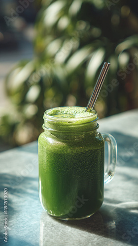 A mason jar filled with a vibrant green smoothie and a metal straw sitting on a light surface outdoors