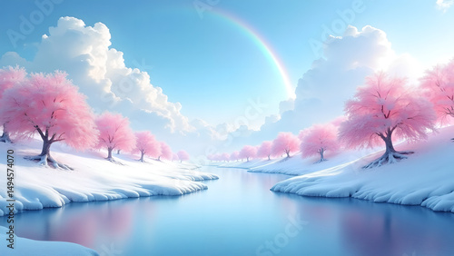 A Dreamlike Winter Wonderland with Snow-Covered Hills, Pink Blossoms, and a Serene Sky