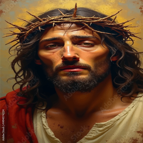 portrait of Jesus Christ, adorned with a crown of thorns, captures His profound sorrow.