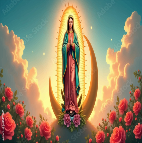 Abstract colorful vector illustration of a religious woman virgin with a crescent moon, floral nature design