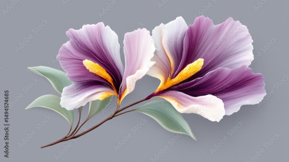Exploring the Beauty of Two Striking Purple and White Flowers Surrounded by Lush Green Leaves in an Abstract Fantasy Art Style Exploring the Beauty of Two Striking Purple and White Flowers Surrounded by Lush Green Leaves in an Abstract Fantasy Art Style