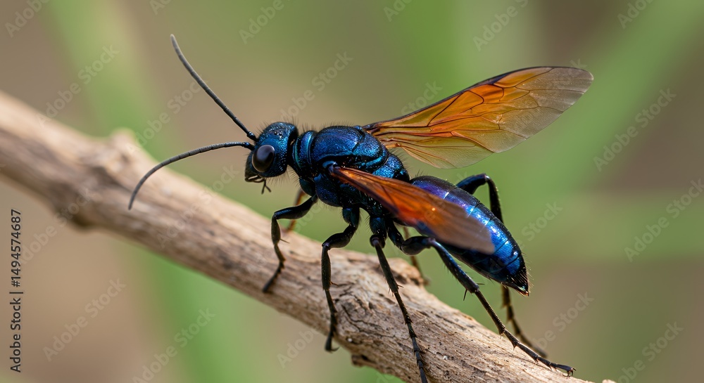 Fototapeta premium Close-up of a Jewel Wasp on a Branch
